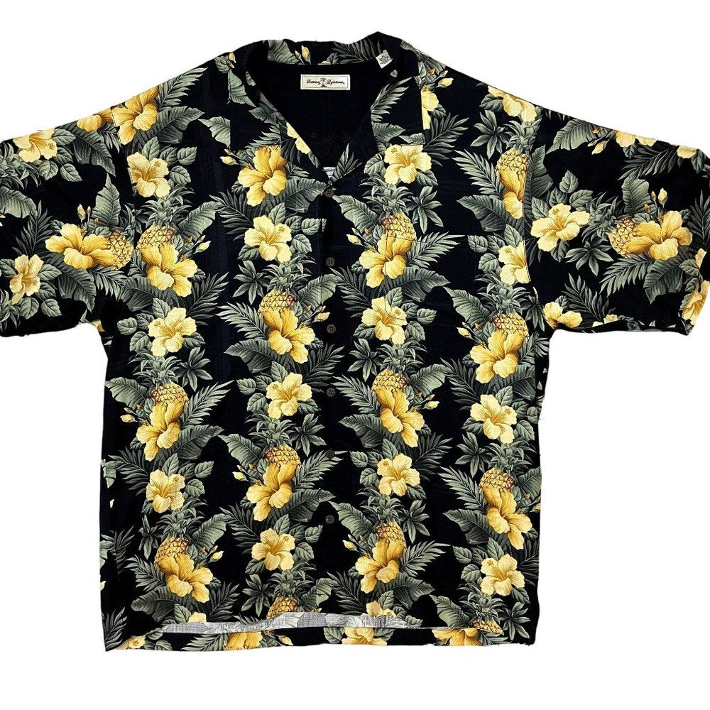 Tommy Bahama Black and Yellow Floral 100% Silk Men's Short Sleeve Hawaiian Shirt